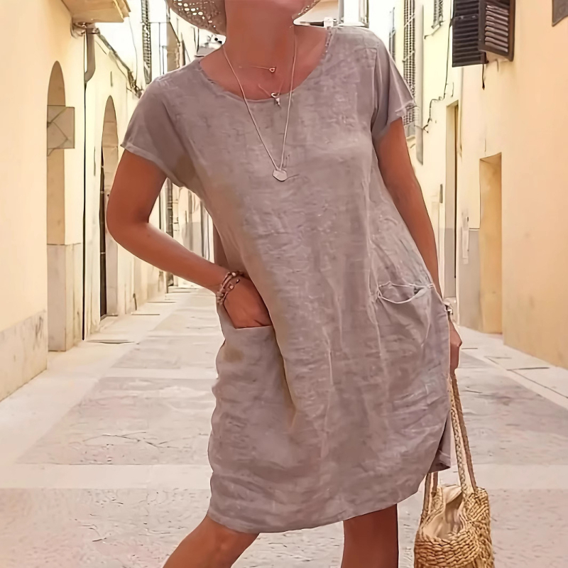 Ljeto 2025., Ebay Amazon, vanjska trgovina, široka, jednobojna, s džepom, kratkih rukava, okruglog izreza, iz pamuka i lana, žene