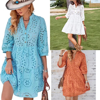 2024 m. „Amazon Independent Station“ nauja moteriška pavasario ir vasaros vienspalvė suknelė su sagomis