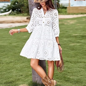 2024 m. „Amazon Independent Station“ nauja moteriška pavasario ir vasaros vienspalvė suknelė su sagomis