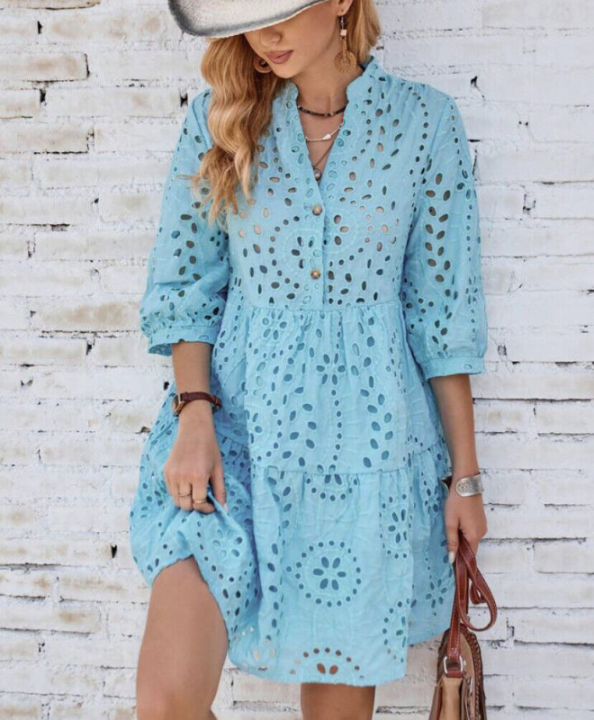 2024 m. „Amazon Independent Station“ nauja moteriška pavasario ir vasaros vienspalvė suknelė su sagomis