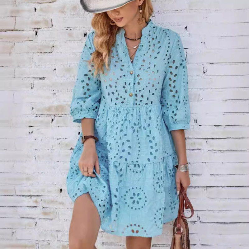 2024 m. „Amazon Independent Station“ nauja moteriška pavasario ir vasaros vienspalvė suknelė su sagomis