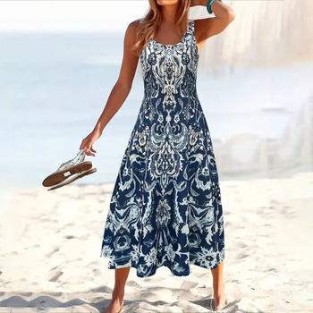 Europska i američka prekogranična modna ležerna udobna duga haljina u etničkom stilu, ljetna ležerna duga haljina s okruglim izrezom, ženska haljina s printom slike