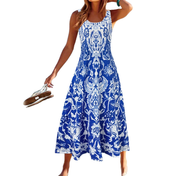 Europska i američka prekogranična modna ležerna udobna duga haljina u etničkom stilu, ljetna ležerna duga haljina s okruglim izrezom, ženska haljina s printom slike
