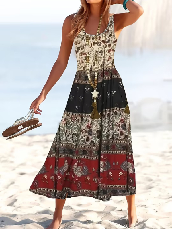 Europska i američka prekogranična modna ležerna udobna duga haljina u etničkom stilu, ljetna ležerna duga haljina s okruglim izrezom, ženska haljina s printom slike