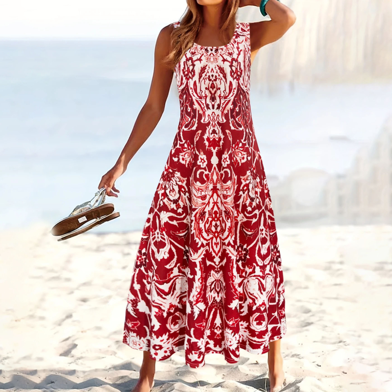 Europska i američka prekogranična modna ležerna udobna duga haljina u etničkom stilu, ljetna ležerna duga haljina s okruglim izrezom, ženska haljina s printom slike