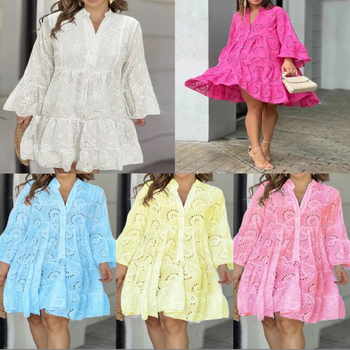 Rochie de primăvară și toamnă transfrontalieră Amazon, cu decolteu în V, broderie lejeră, din dantelă goală, în stil Amazon, de culoare uni