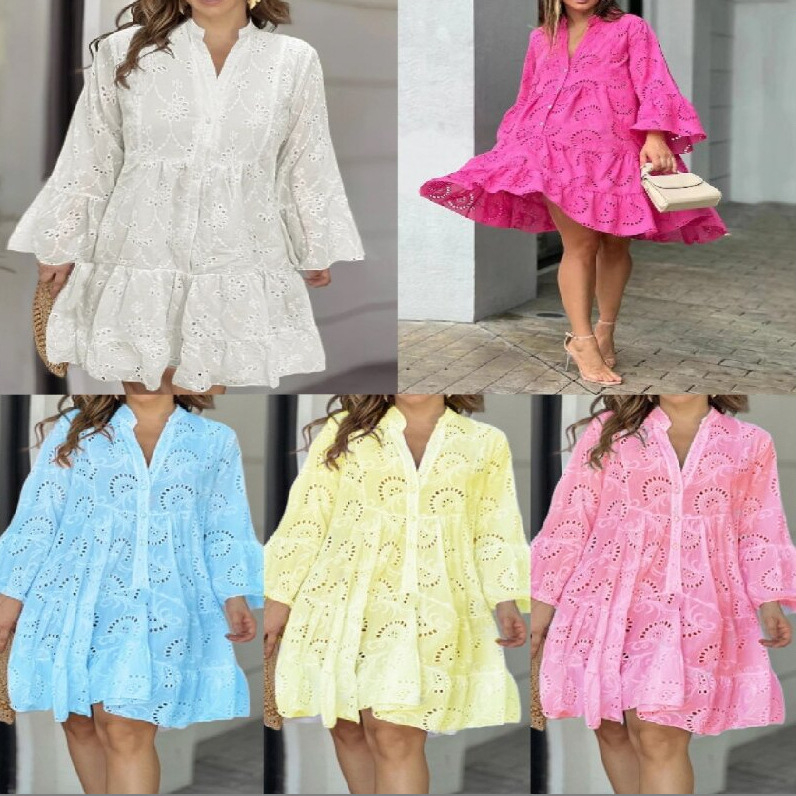 Rochie de primăvară și toamnă transfrontalieră Amazon, cu decolteu în V, broderie lejeră, din dantelă goală, în stil Amazon, de culoare uni