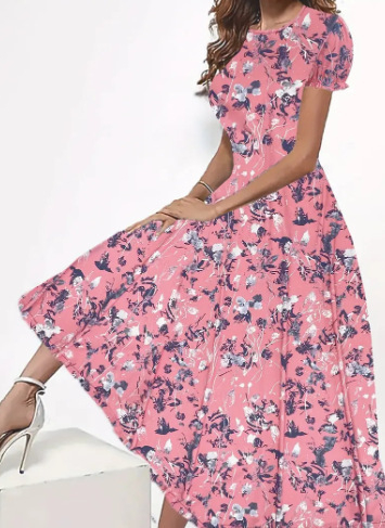 2024 Nové letné úzke šaty s okrúhlym výstrihom, kreatívnym kvetinovým tieňovaním a krátkym rukávom, stredne dlhé, s 3D potlačou