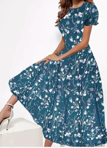 2024 Nové letné úzke šaty s okrúhlym výstrihom, kreatívnym kvetinovým tieňovaním a krátkym rukávom, stredne dlhé, s 3D potlačou