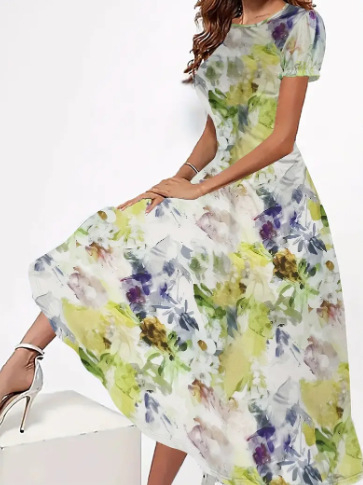 2024 Nové letné úzke šaty s okrúhlym výstrihom, kreatívnym kvetinovým tieňovaním a krátkym rukávom, stredne dlhé, s 3D potlačou