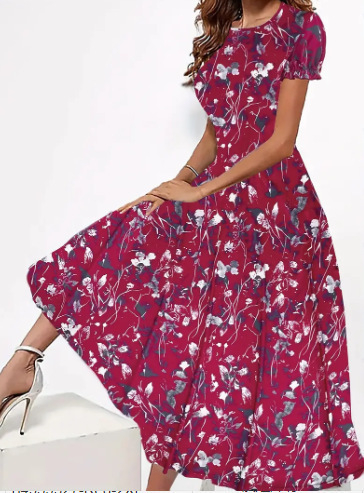 2024 Nové letné úzke šaty s okrúhlym výstrihom, kreatívnym kvetinovým tieňovaním a krátkym rukávom, stredne dlhé, s 3D potlačou