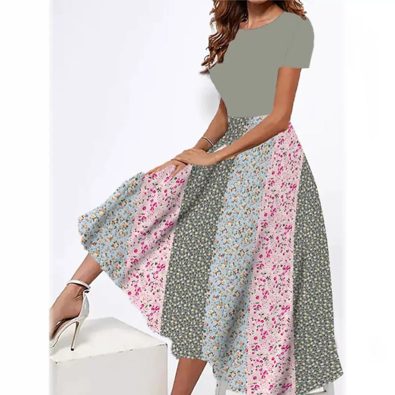 2024 Nové letné úzke šaty s okrúhlym výstrihom, kreatívnym kvetinovým tieňovaním a krátkym rukávom, stredne dlhé, s 3D potlačou