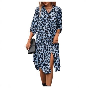 Ženska košulja s leopard printom, europska i američka vanjska trgovina, tkana haljina s rukavima i sedam točaka, široka modna ženska midi haljina s razdjelnim uzorkom