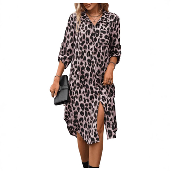 Ženska košulja s leopard printom, europska i američka vanjska trgovina, tkana haljina s rukavima i sedam točaka, široka modna ženska midi haljina s razdjelnim uzorkom