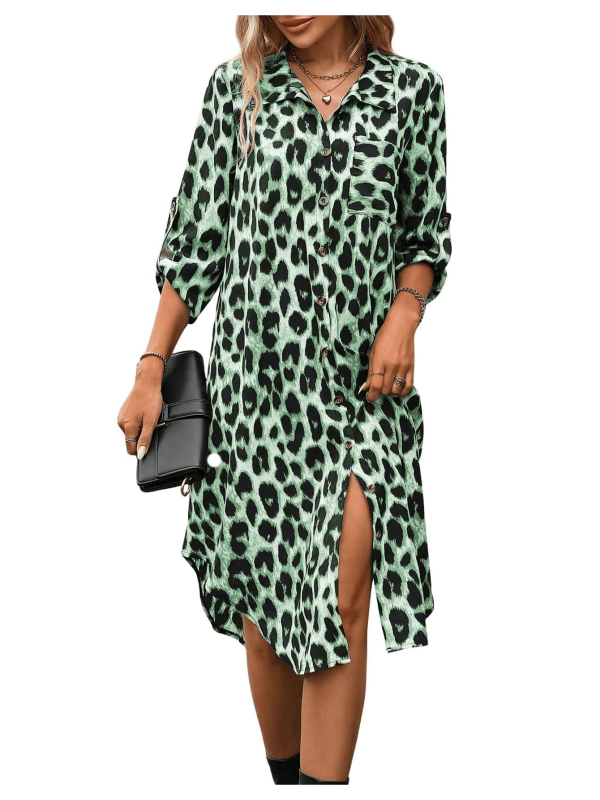 Ženska košulja s leopard printom, europska i američka vanjska trgovina, tkana haljina s rukavima i sedam točaka, široka modna ženska midi haljina s razdjelnim uzorkom