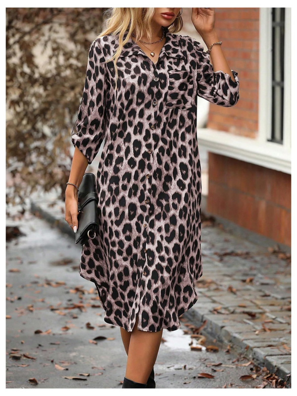 Ženska košulja s leopard printom, europska i američka vanjska trgovina, tkana haljina s rukavima i sedam točaka, široka modna ženska midi haljina s razdjelnim uzorkom