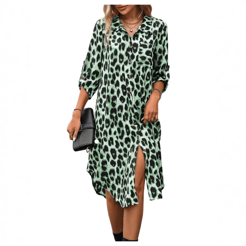 Ženska košulja s leopard printom, europska i američka vanjska trgovina, tkana haljina s rukavima i sedam točaka, široka modna ženska midi haljina s razdjelnim uzorkom
