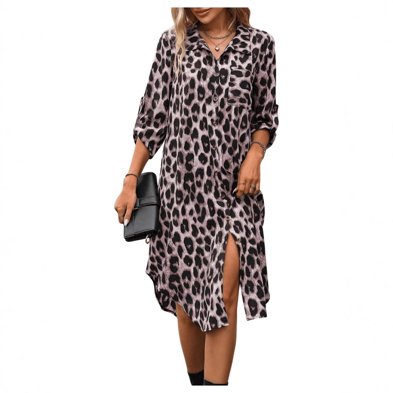 Ženska košulja s leopard printom, europska i američka vanjska trgovina, tkana haljina s rukavima i sedam točaka, široka modna ženska midi haljina s razdjelnim uzorkom