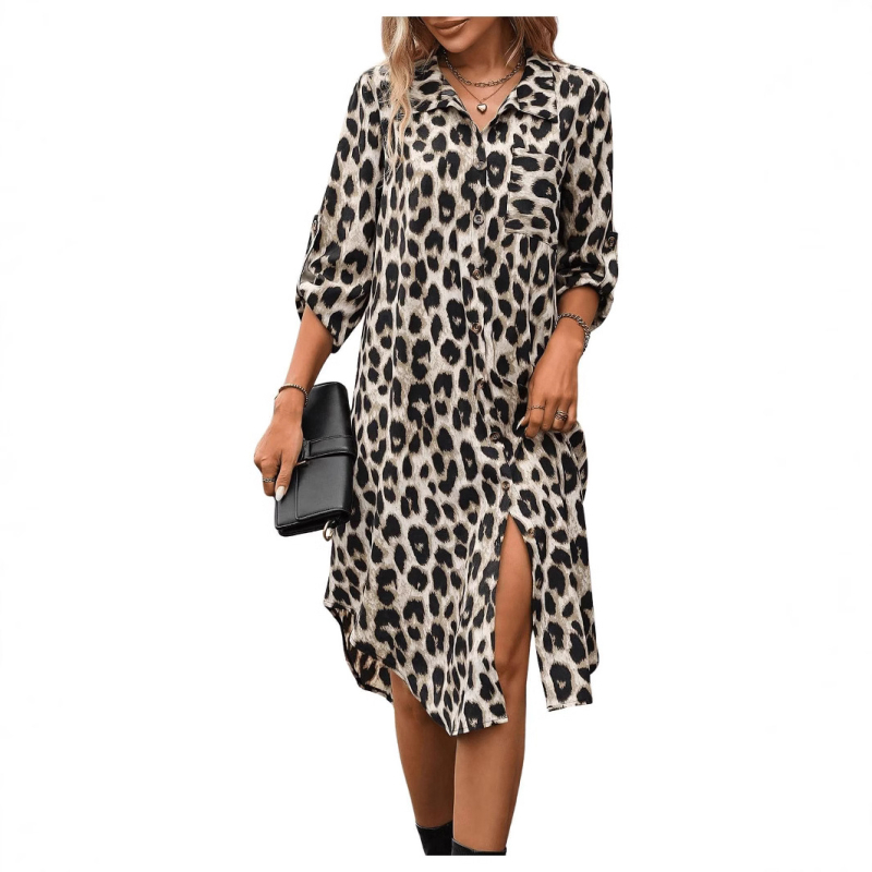 Ženska košulja s leopard printom, europska i američka vanjska trgovina, tkana haljina s rukavima i sedam točaka, široka modna ženska midi haljina s razdjelnim uzorkom