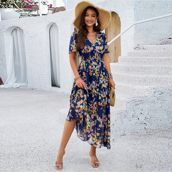 Kaikuo Cross-Border Amazon European and American Clothing 2024 Jarné a letné exportné ležérne prázdninové šaty s potlačou v páse a krátkym rukávom