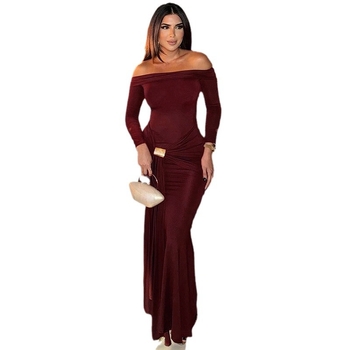 Nové dámske elegantné jednofarebné sexi šaty s dlhým rukávom a ramienkom, slim fit, cezhraničné jesenné a zimné šaty