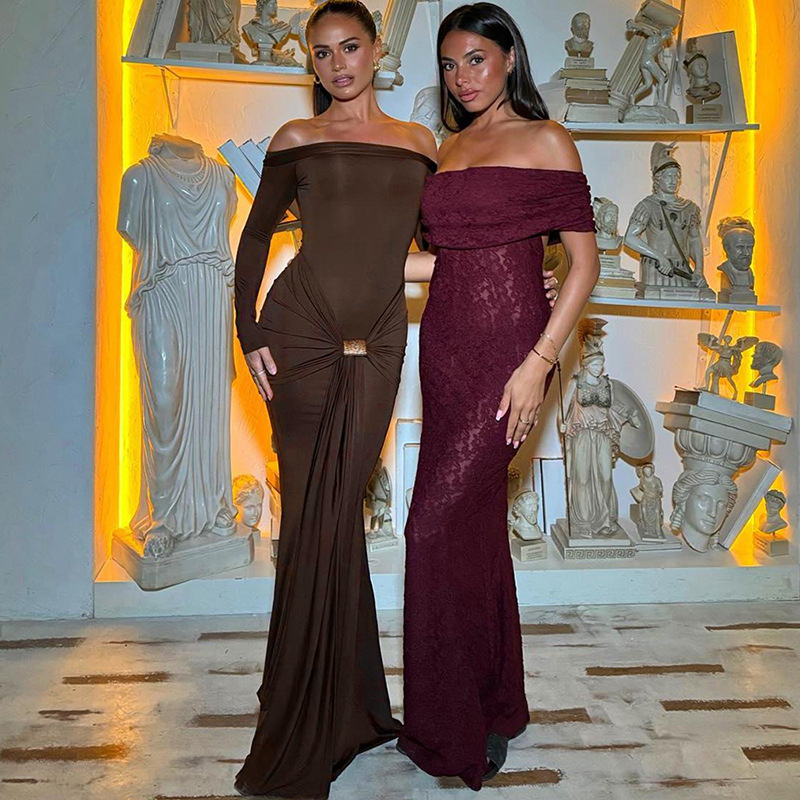 Nové dámske elegantné jednofarebné sexi šaty s dlhým rukávom a ramienkom, slim fit, cezhraničné jesenné a zimné šaty