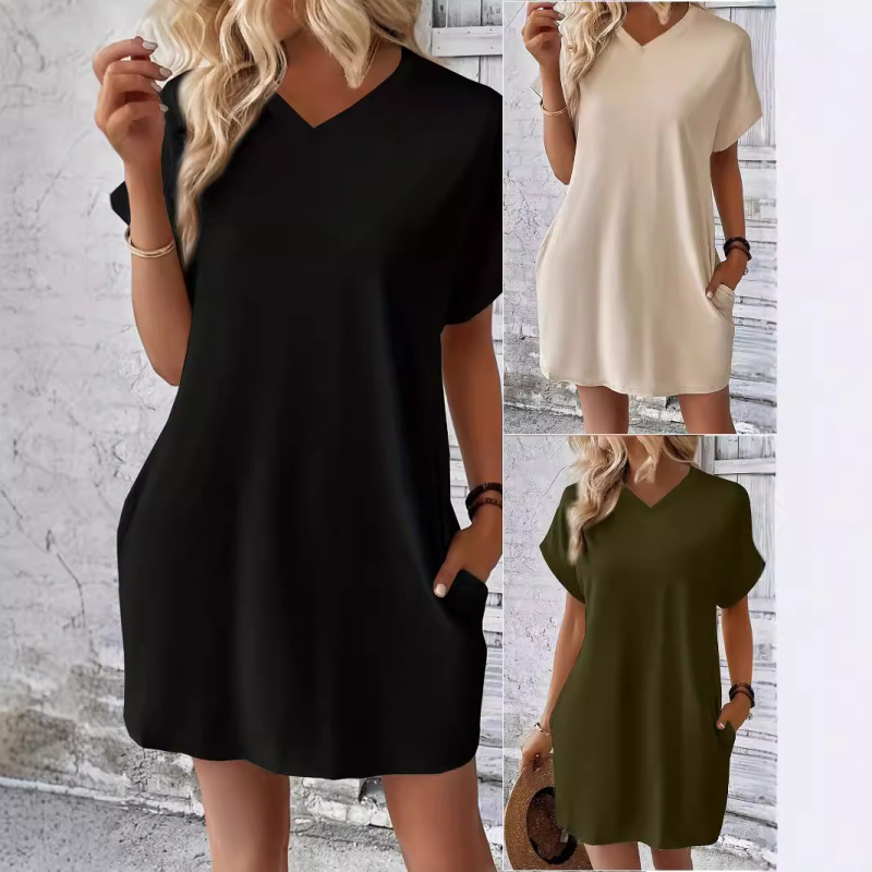 2024 Europa i Sjedinjene Države prekogranična vanjska trgovina ženska odjeća Amazon proljeće i ljeto nova jednobojna okrugla izrez labava haljina kratkih rukava s džepovima
