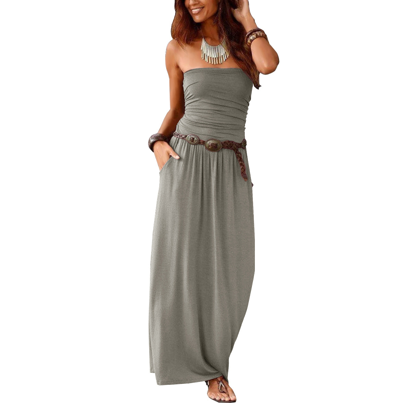 Europska i američka ženska haljina bez naramenica, jednostruki ovratnik, bez rukava, otvorenih ramena, haljina s dvostrukim džepom i strukom