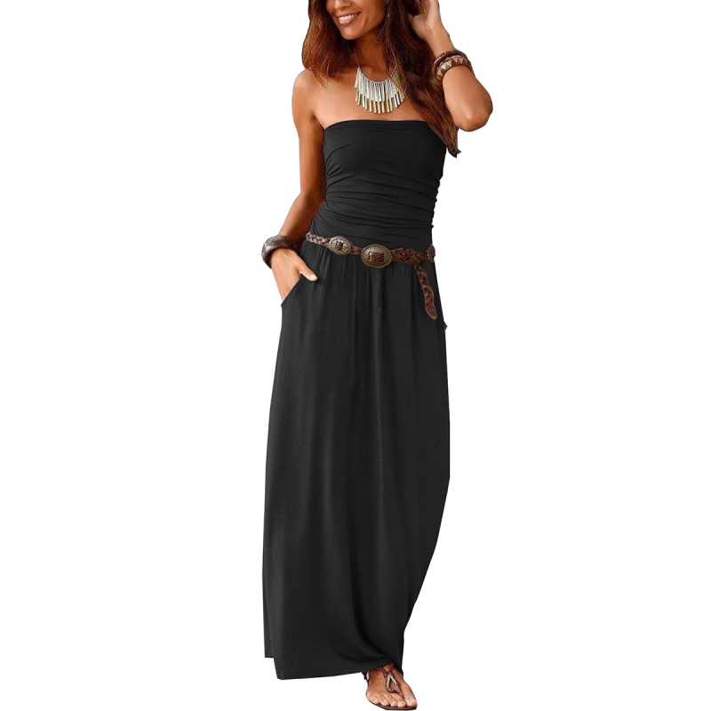 Europska i američka ženska haljina bez naramenica, jednostruki ovratnik, bez rukava, otvorenih ramena, haljina s dvostrukim džepom i strukom