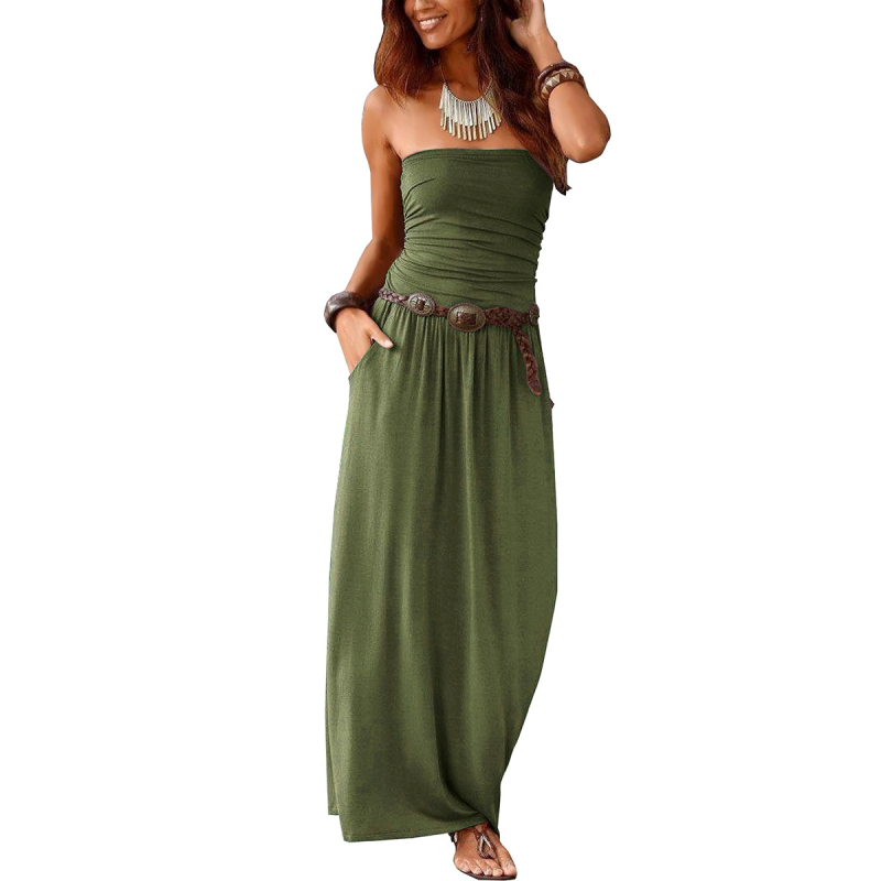 Europska i američka ženska haljina bez naramenica, jednostruki ovratnik, bez rukava, otvorenih ramena, haljina s dvostrukim džepom i strukom