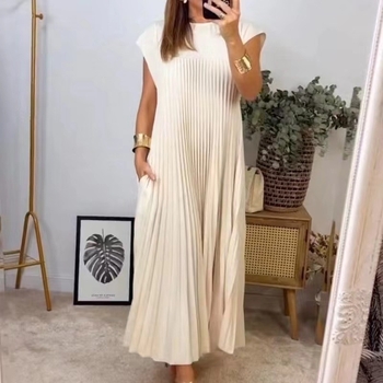 Rochie elegantă cu mânecă scurtă, plisată, stil european și american, de primăvară 2024, de culoare pură, elegantă, la modă, cu guler rotund, rochie lejeră, plisată