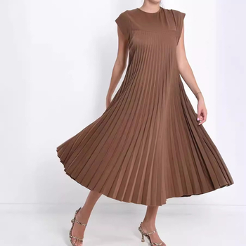 Rochie elegantă cu mânecă scurtă, plisată, stil european și american, de primăvară 2024, de culoare pură, elegantă, la modă, cu guler rotund, rochie lejeră, plisată