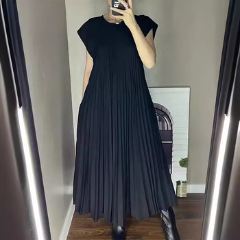 Rochie elegantă cu mânecă scurtă, plisată, stil european și american, de primăvară 2024, de culoare pură, elegantă, la modă, cu guler rotund, rochie lejeră, plisată