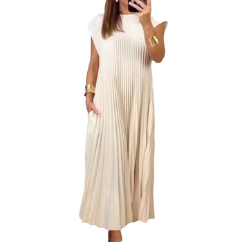 Rochie elegantă cu mânecă scurtă, plisată, stil european și american, de primăvară 2024, de culoare pură, elegantă, la modă, cu guler rotund, rochie lejeră, plisată