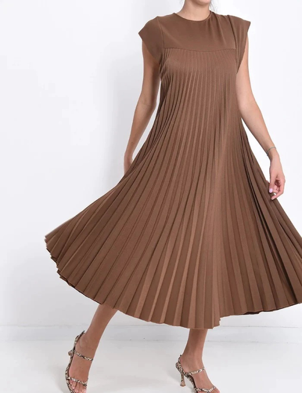 Rochie elegantă cu mânecă scurtă, plisată, stil european și american, de primăvară 2024, de culoare pură, elegantă, la modă, cu guler rotund, rochie lejeră, plisată