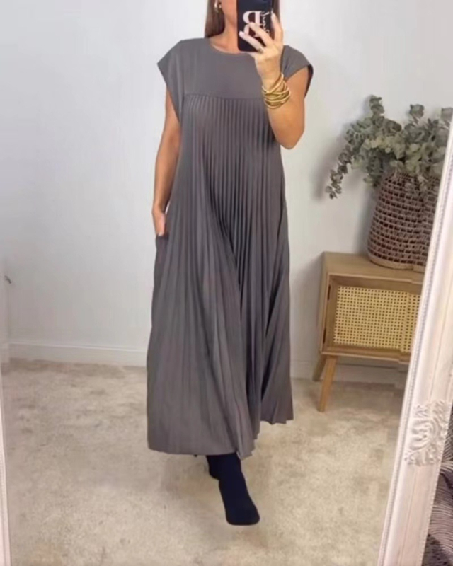 Rochie elegantă cu mânecă scurtă, plisată, stil european și american, de primăvară 2024, de culoare pură, elegantă, la modă, cu guler rotund, rochie lejeră, plisată