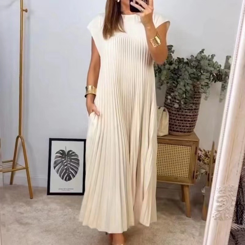 Rochie elegantă cu mânecă scurtă, plisată, stil european și american, de primăvară 2024, de culoare pură, elegantă, la modă, cu guler rotund, rochie lejeră, plisată