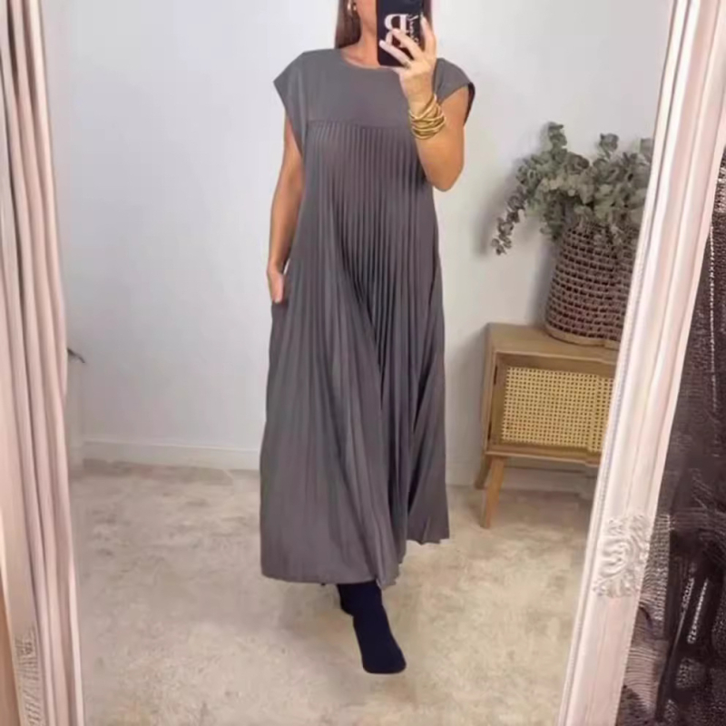 Rochie elegantă cu mânecă scurtă, plisată, stil european și american, de primăvară 2024, de culoare pură, elegantă, la modă, cu guler rotund, rochie lejeră, plisată