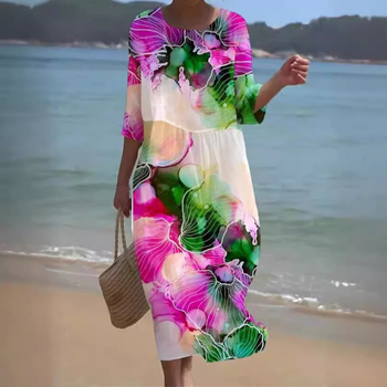 Prekogranična nova europska i američka vanjska trgovina za žene s okruglim izrezom i sedam točaka s rukavima, printom i šivanjem, duga haljina za praznike