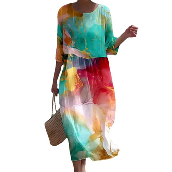 Prekogranična nova europska i američka vanjska trgovina za žene s okruglim izrezom i sedam točaka s rukavima, printom i šivanjem, duga haljina za praznike