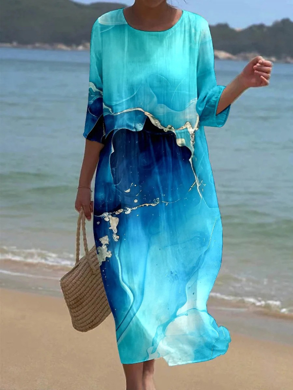 Prekogranična nova europska i američka vanjska trgovina za žene s okruglim izrezom i sedam točaka s rukavima, printom i šivanjem, duga haljina za praznike