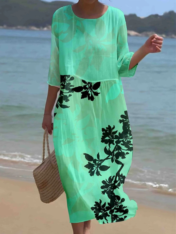 Prekogranična nova europska i američka vanjska trgovina za žene s okruglim izrezom i sedam točaka s rukavima, printom i šivanjem, duga haljina za praznike