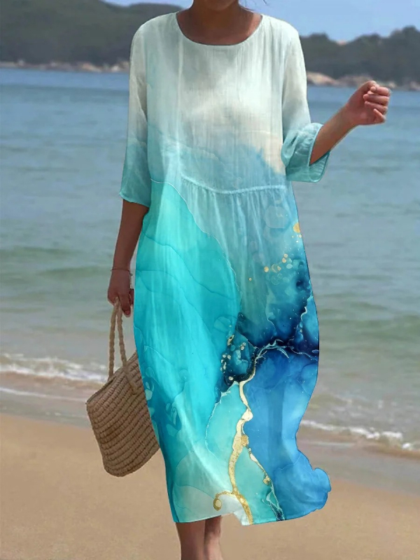 Prekogranična nova europska i američka vanjska trgovina za žene s okruglim izrezom i sedam točaka s rukavima, printom i šivanjem, duga haljina za praznike