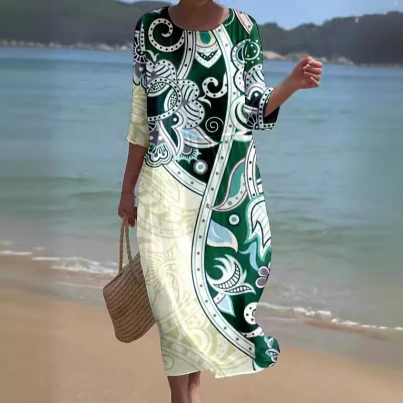 Prekogranična nova europska i američka vanjska trgovina za žene s okruglim izrezom i sedam točaka s rukavima, printom i šivanjem, duga haljina za praznike