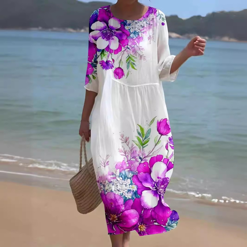 Prekogranična nova europska i američka vanjska trgovina za žene s okruglim izrezom i sedam točaka s rukavima, printom i šivanjem, duga haljina za praznike