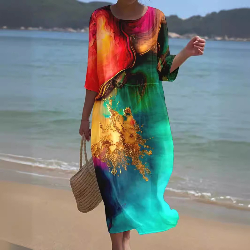 Prekogranična nova europska i američka vanjska trgovina za žene s okruglim izrezom i sedam točaka s rukavima, printom i šivanjem, duga haljina za praznike