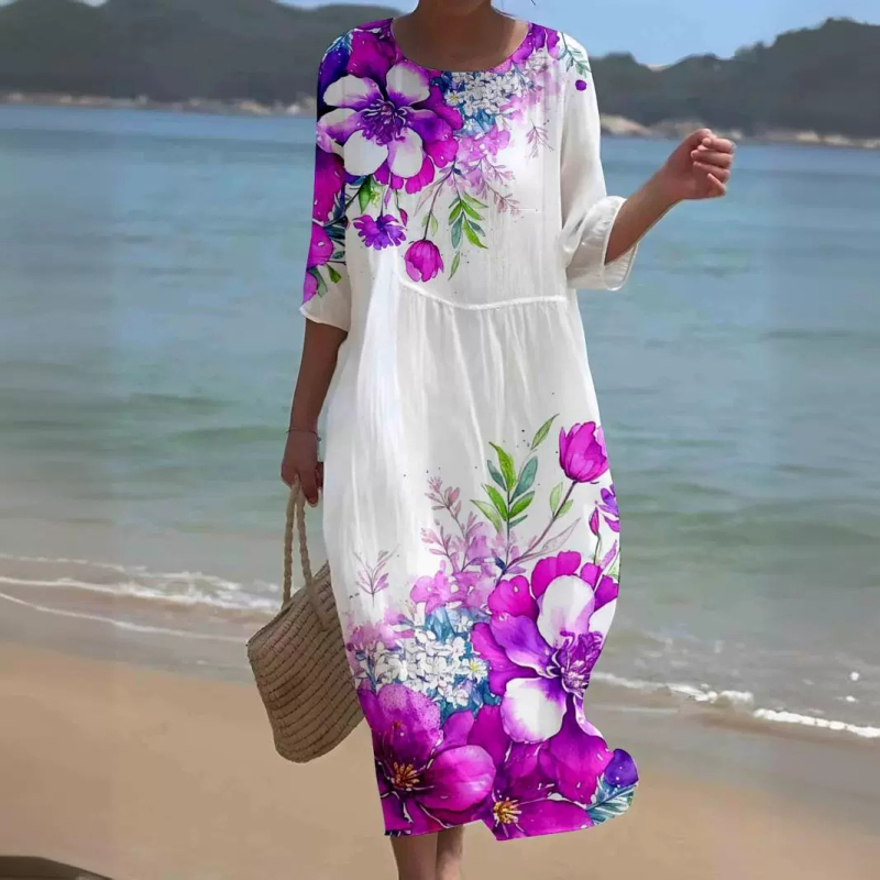 Prekogranična nova europska i američka vanjska trgovina za žene s okruglim izrezom i sedam točaka s rukavima, printom i šivanjem, duga haljina za praznike