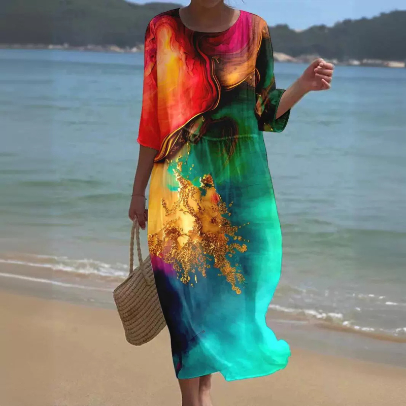 Prekogranična nova europska i američka vanjska trgovina za žene s okruglim izrezom i sedam točaka s rukavima, printom i šivanjem, duga haljina za praznike