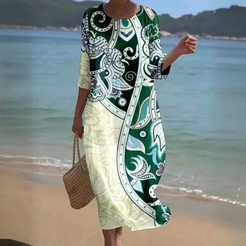 Prekogranična nova europska i američka vanjska trgovina za žene s okruglim izrezom i sedam točaka s rukavima, printom i šivanjem, duga haljina za praznike