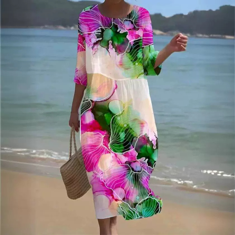 Prekogranična nova europska i američka vanjska trgovina za žene s okruglim izrezom i sedam točaka s rukavima, printom i šivanjem, duga haljina za praznike